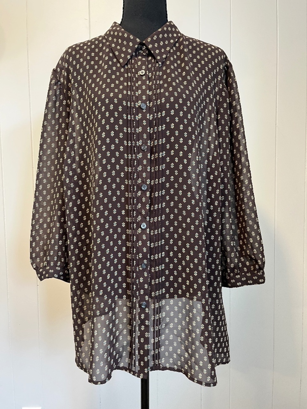 Chaps Plus sz 20w Sheer Blouse Pin Tuck Geometric Print Office Chic Tunic Blouse